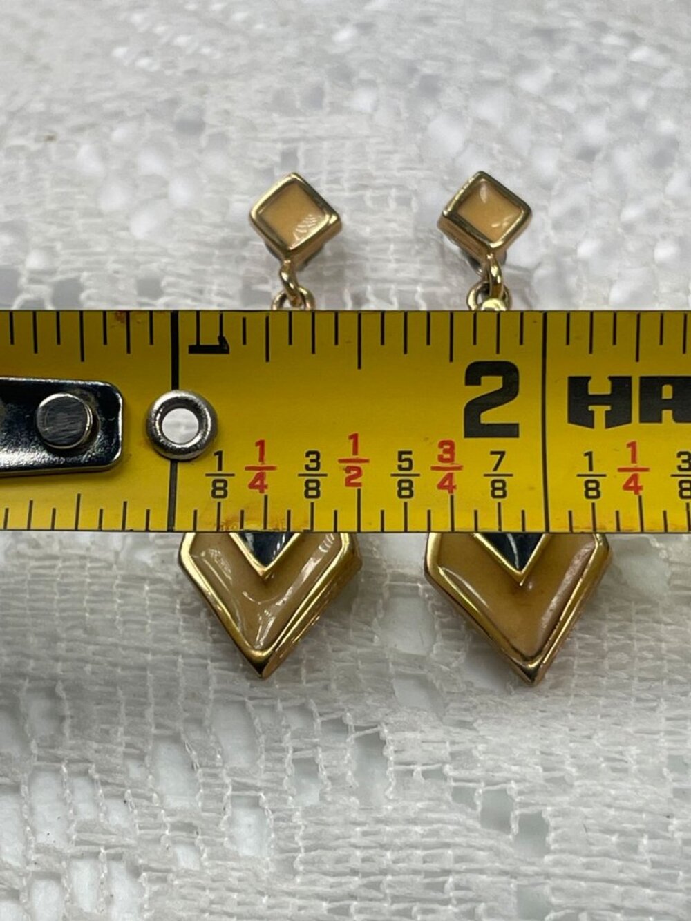 Vintage Park Lane Drop Earrings Gold-Tone Chevron Design Beige & Black Enamel Ge - Picture 10 of 13